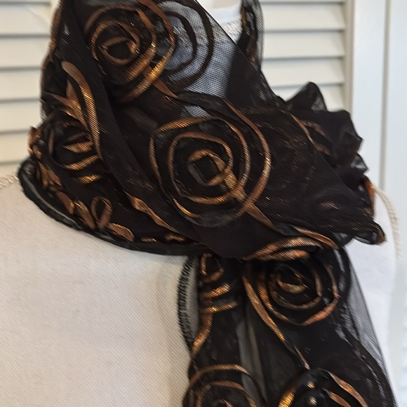 Black Sheer Shawl Wrap Bronze Appliqué Circular Pattern and Fringe Scarf 20x63” - Picture 8 of 12